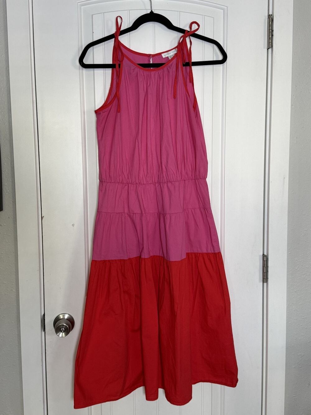 London Times Women's Medium Color Block Faux Shoulder Tie A-Line Midi Dress